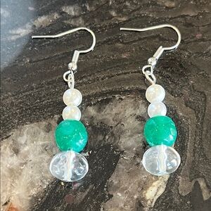 Artisan Green and White Pearl Beaded Earrings